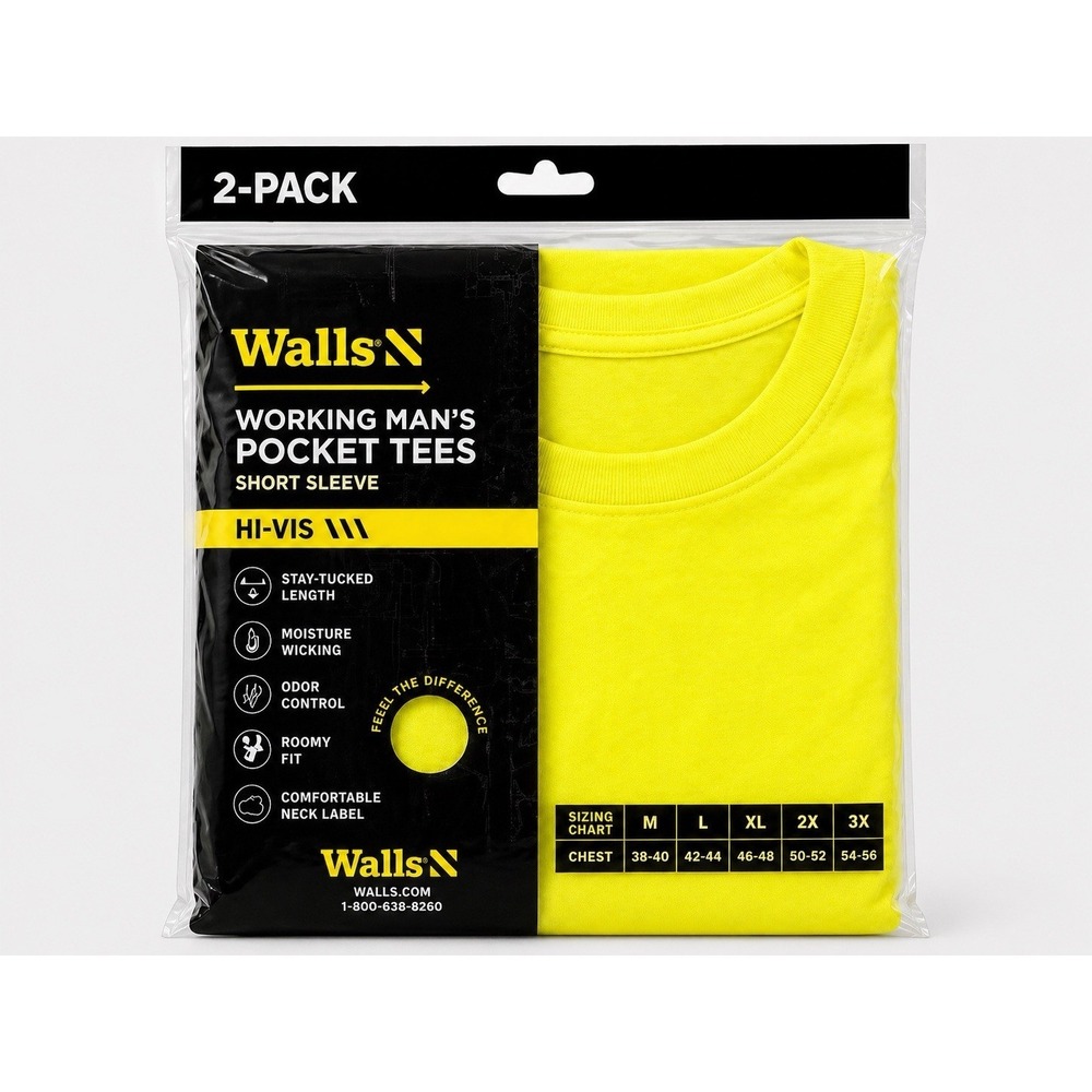 Walls Mens High Visibility Yellow Pocket Work Shirt 2-Pack Short Sleeve Tee NEW